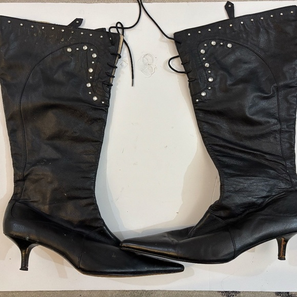 Lace up leather and rhinestone boots - kitten heel - Picture 2 of 6